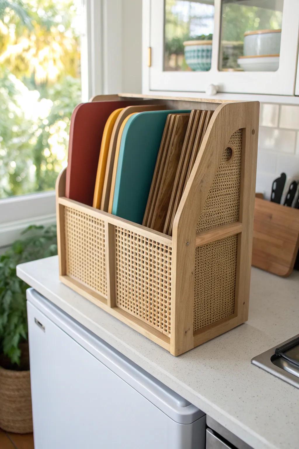 Turn fridge-top clutter into grab-and-go order with chic vertical slots for boards & trays.