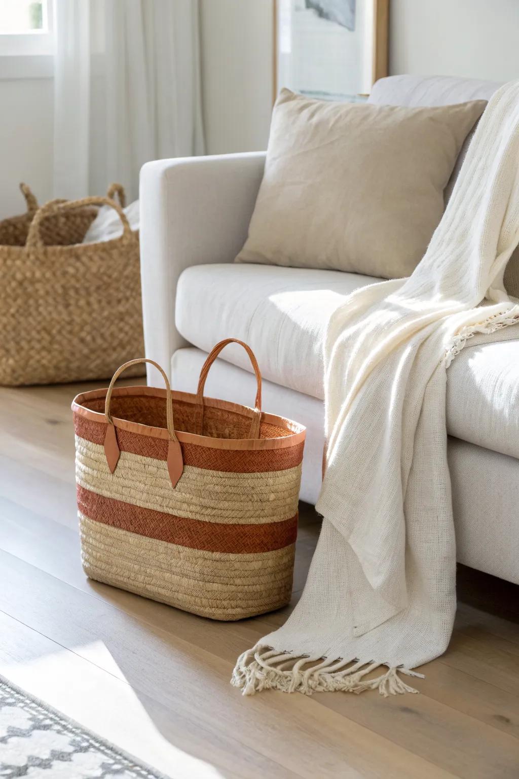 Slim storage tote tucked behind the sofa—hidden by a linen panel, ready for throws & cords.