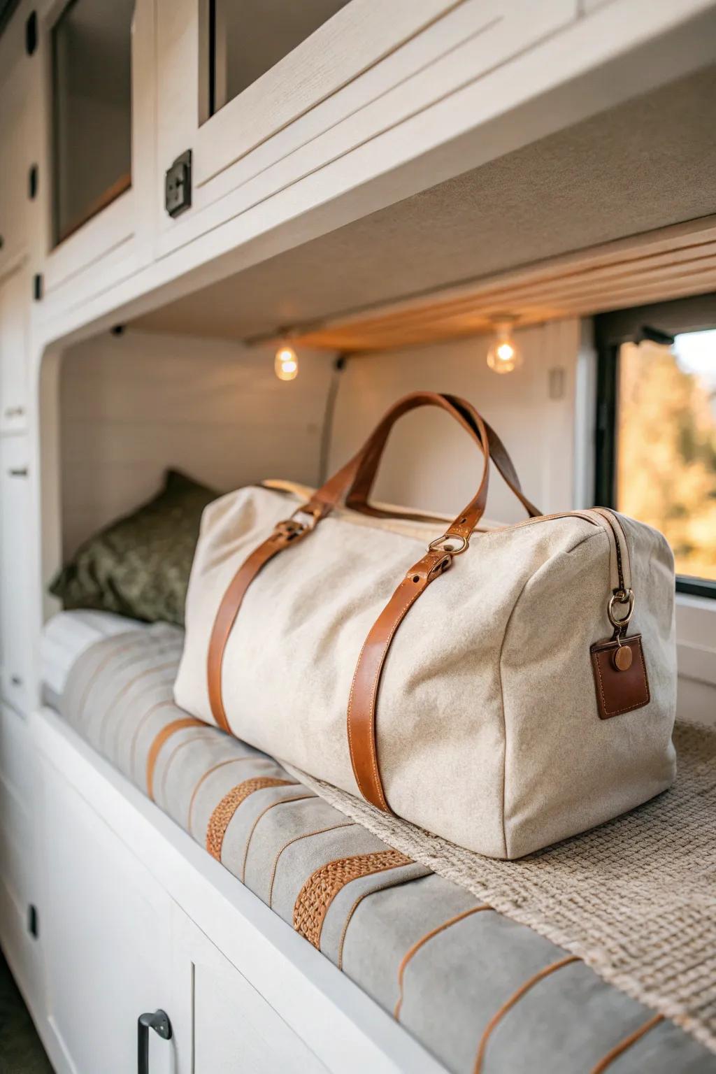 Turn the space under your drop-down bunk into a mini attic—soft duffels slide in effortlessly.