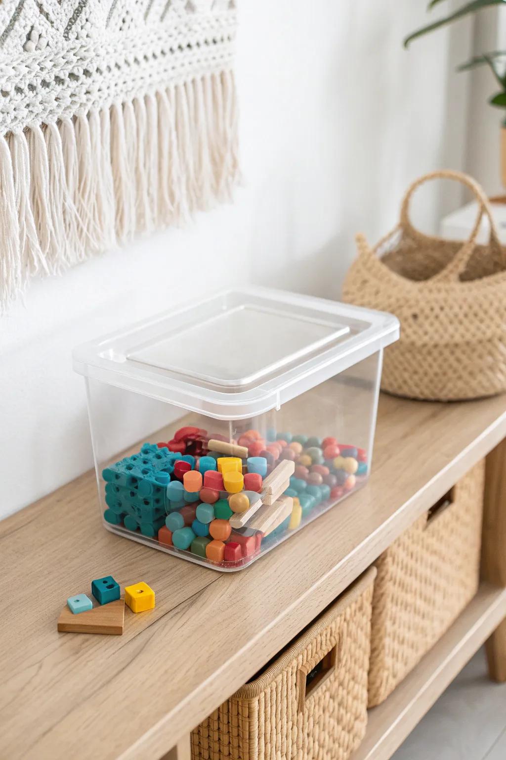 Clear lidded bins keep tiny toy pieces visible and contained—no more under‑sofa hunts.