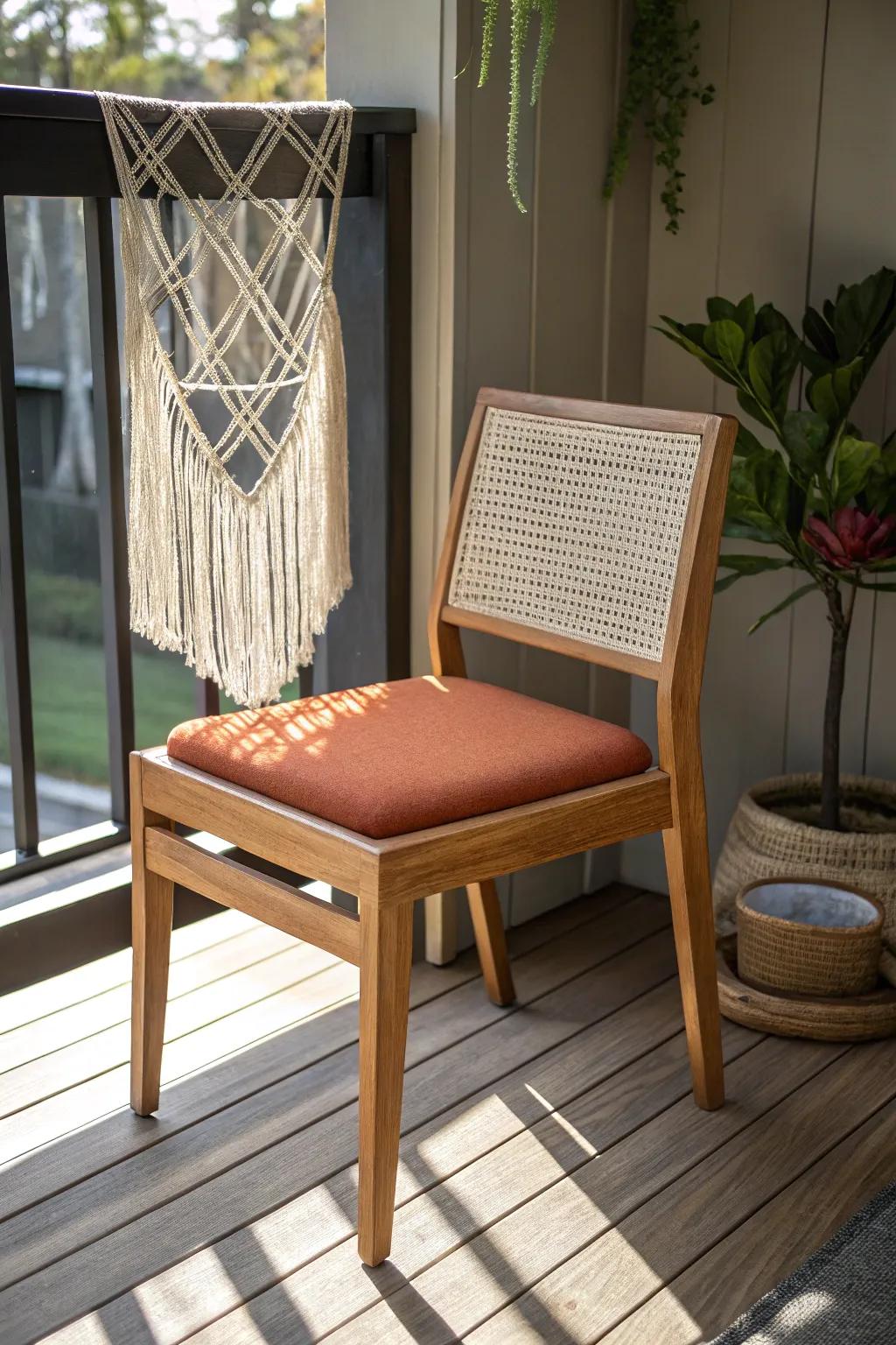 Bug-free summer dining starts here—one statement chair makes a screened trailer porch feel like a room.