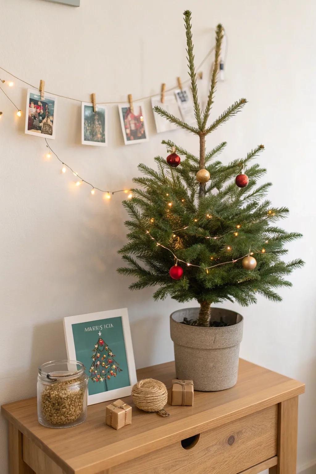 Mini tabletop travel tree with souvenir ornaments—festive, stable, and perfect for tiny spaces.