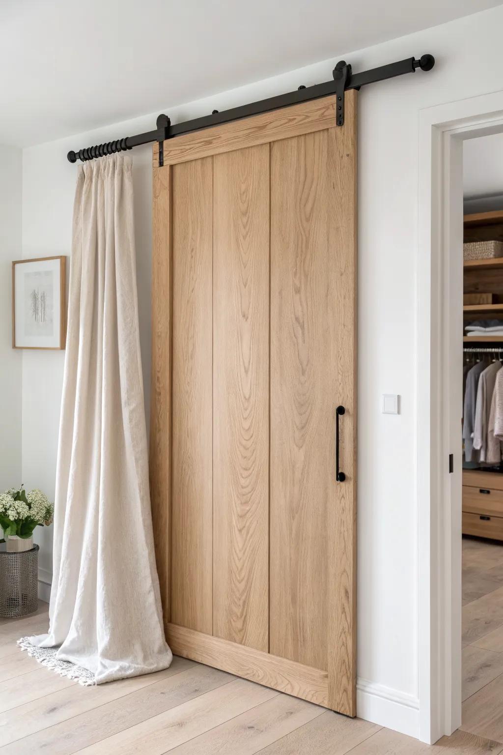 Swap a swing door for a sleek sliding door to free up space for extra closet shelving.