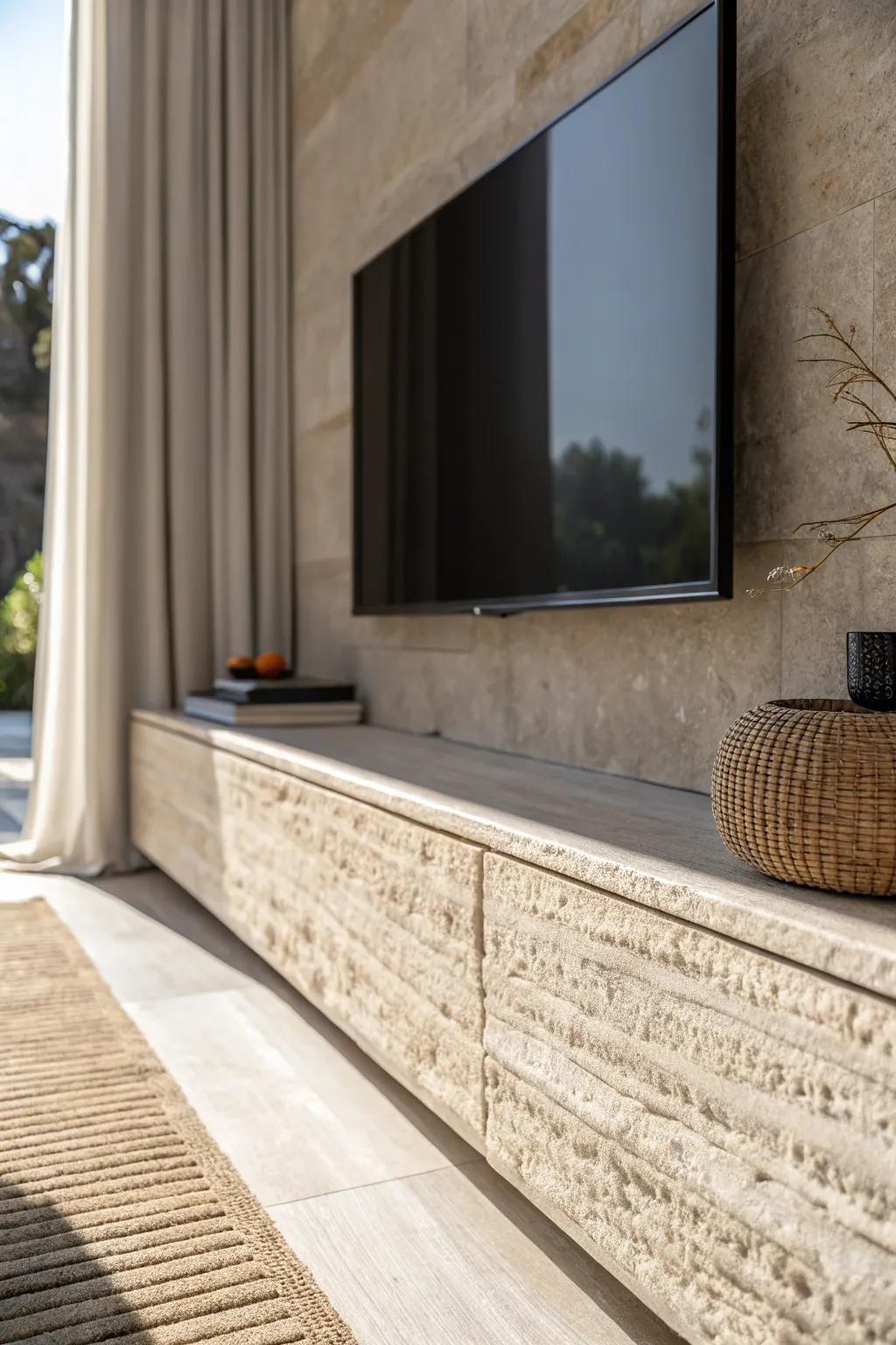 Stone-effect TV panel: a luxe, designer-wall focal point that elevates any simple console.