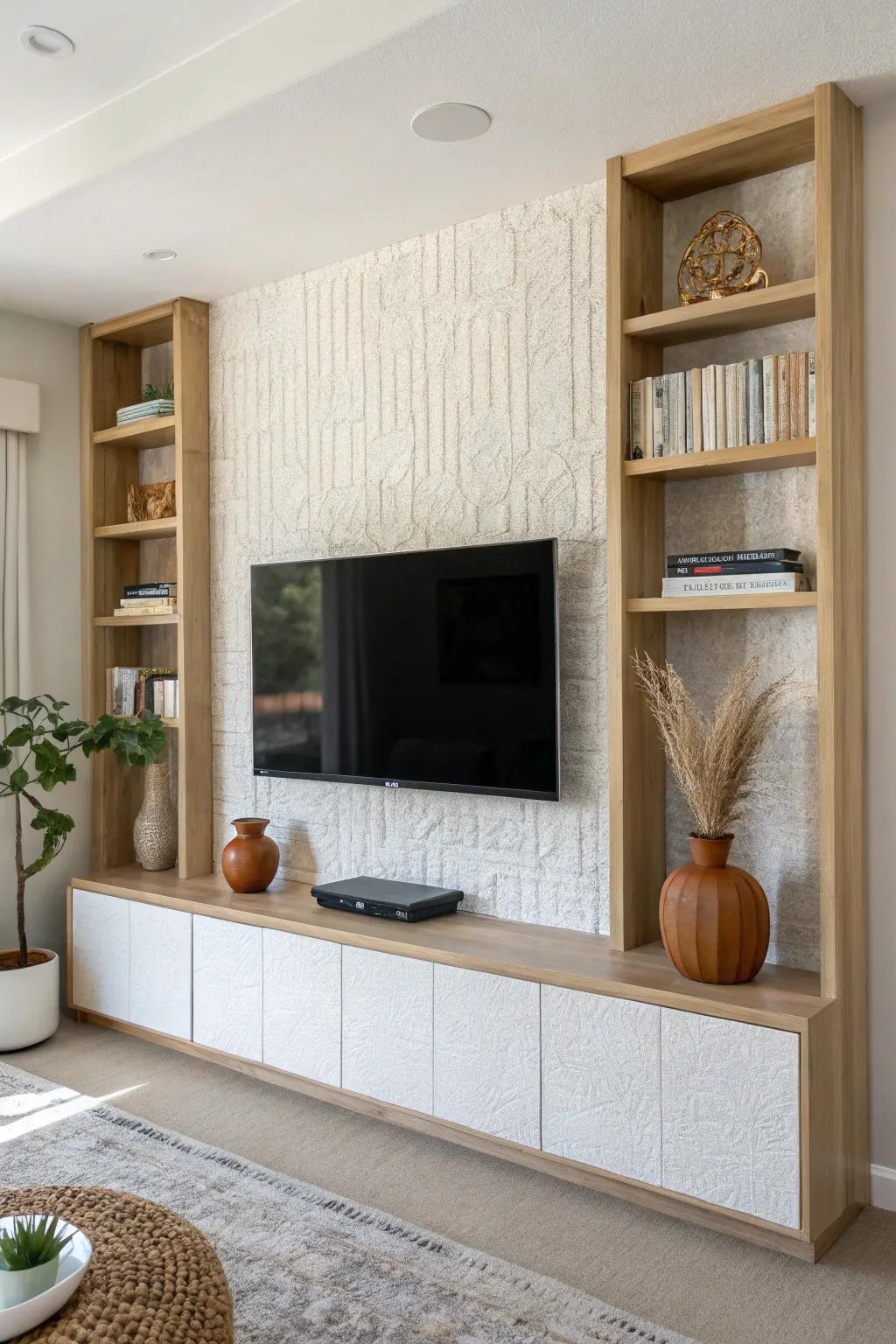 Turn your TV into a chic media wall—frame it with tall shelves, books, and ceramics.