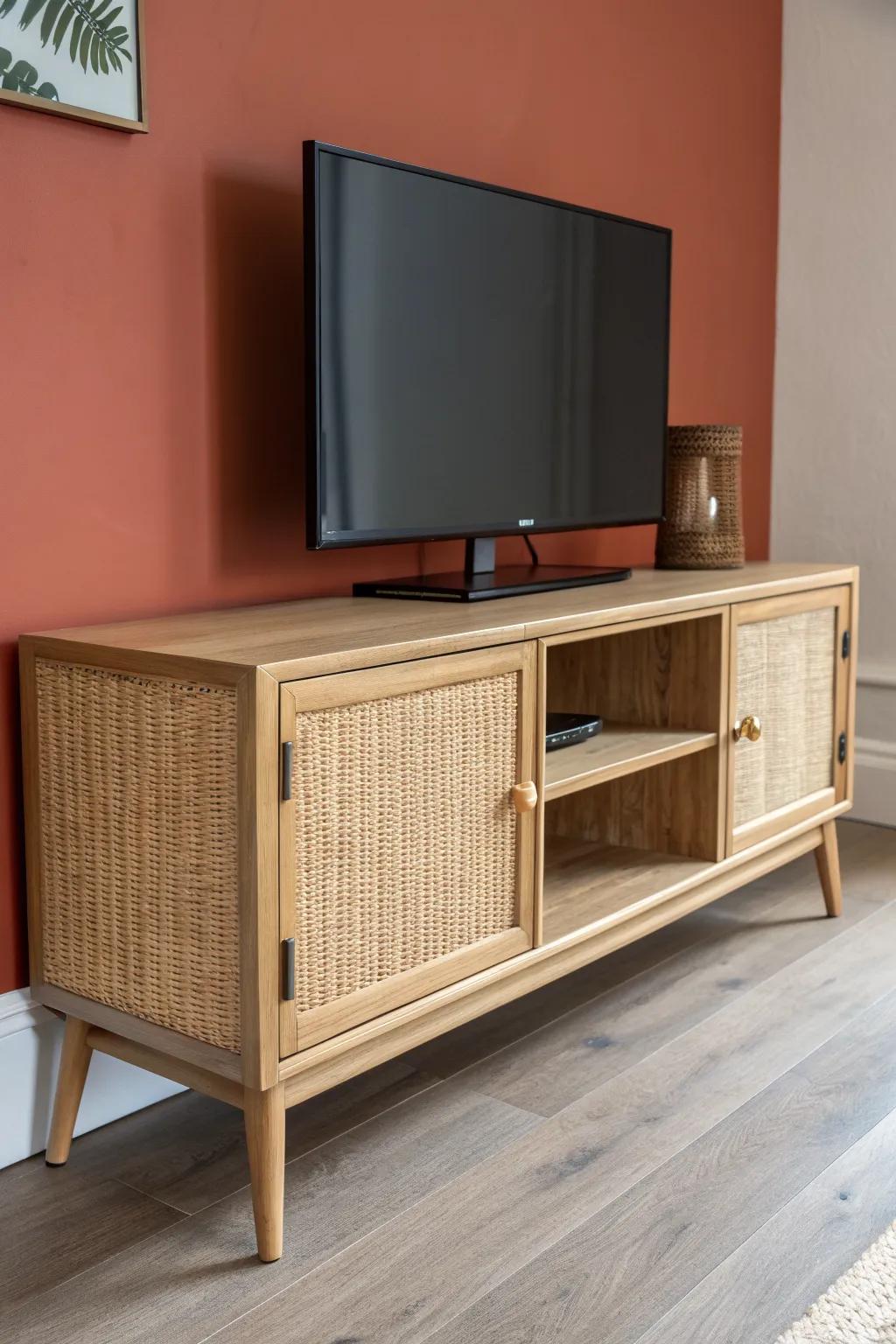 Replace glass with cane webbing for airy texture and hidden storage—ideal for small-space TV stands.