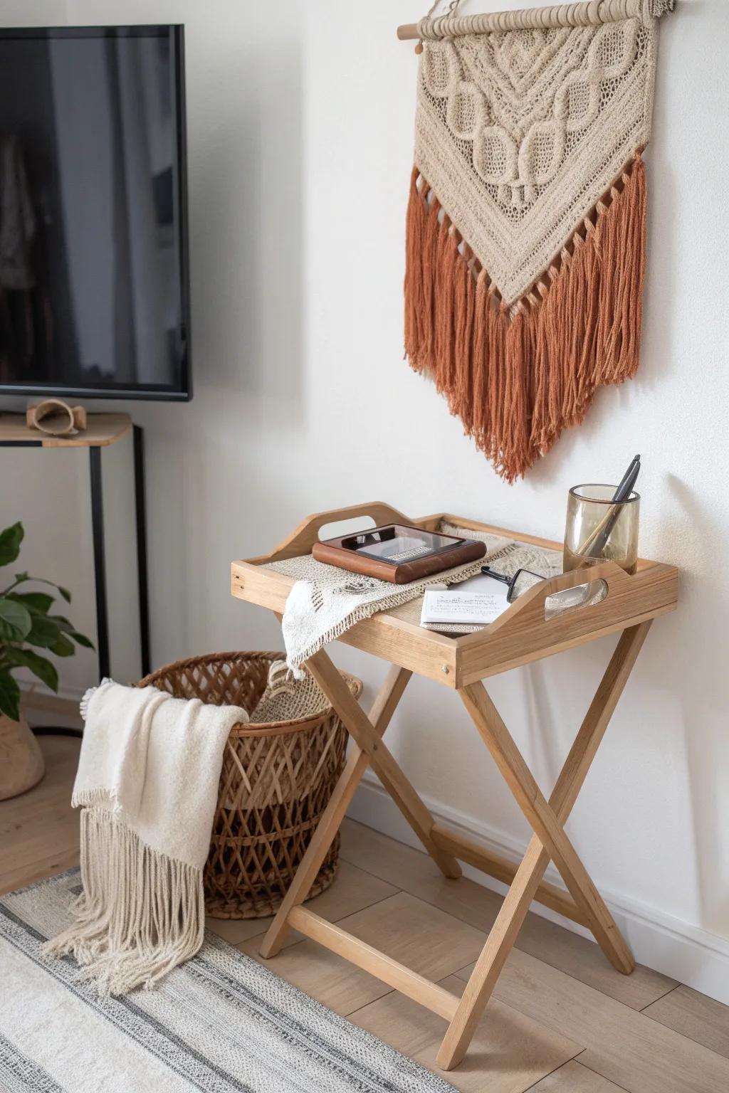 A folding TV tray turns into a chic craft “pause button” for small-space living.