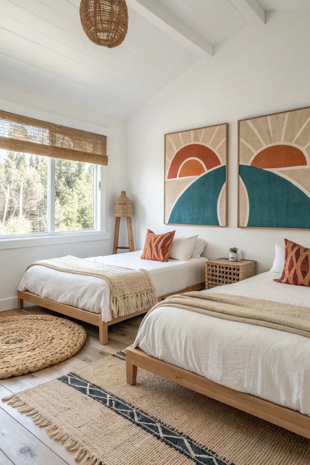 One oversized statement artwork unites twin beds and makes a small guest room feel grown-up.