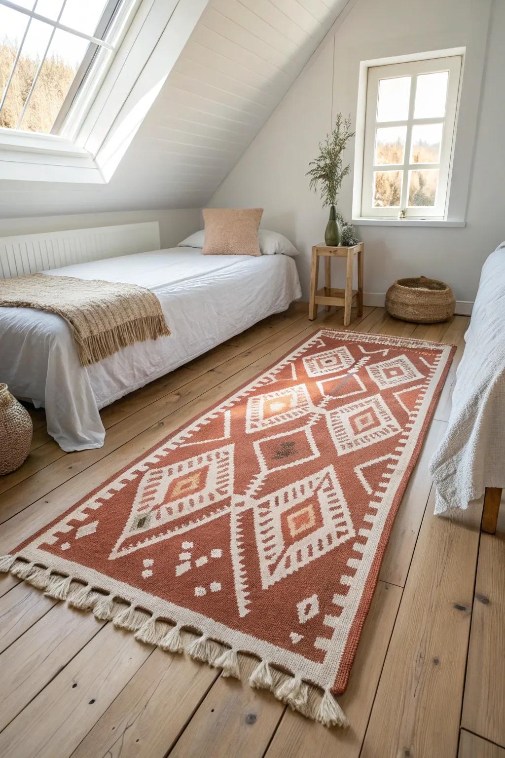 One oversized rug ties two twin beds into a cohesive, grown-up suite—bold, cozy, intentional.