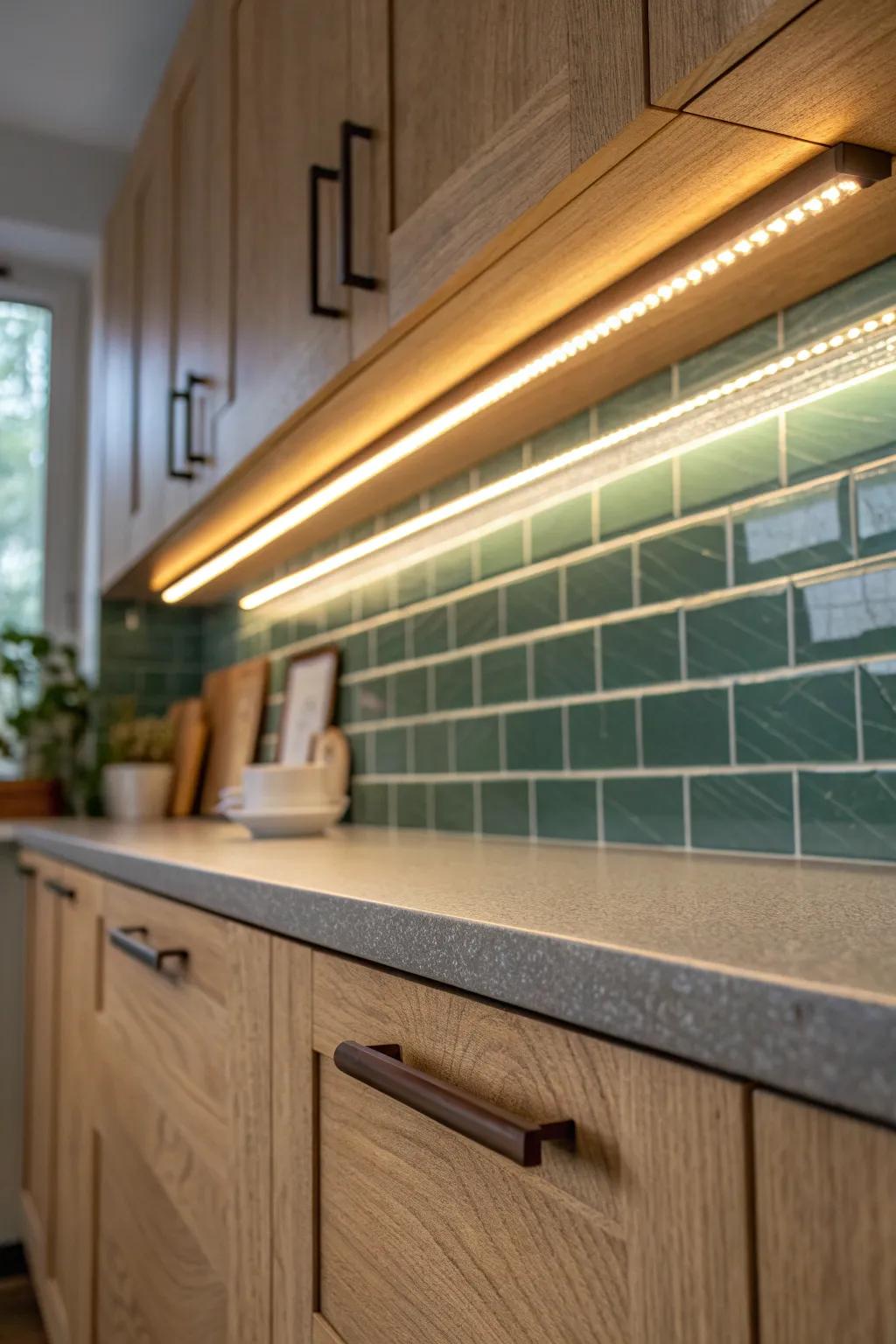 Cozy warm glow, then a clean cooking light—one adjustable under-cabinet bar pulls it all together.