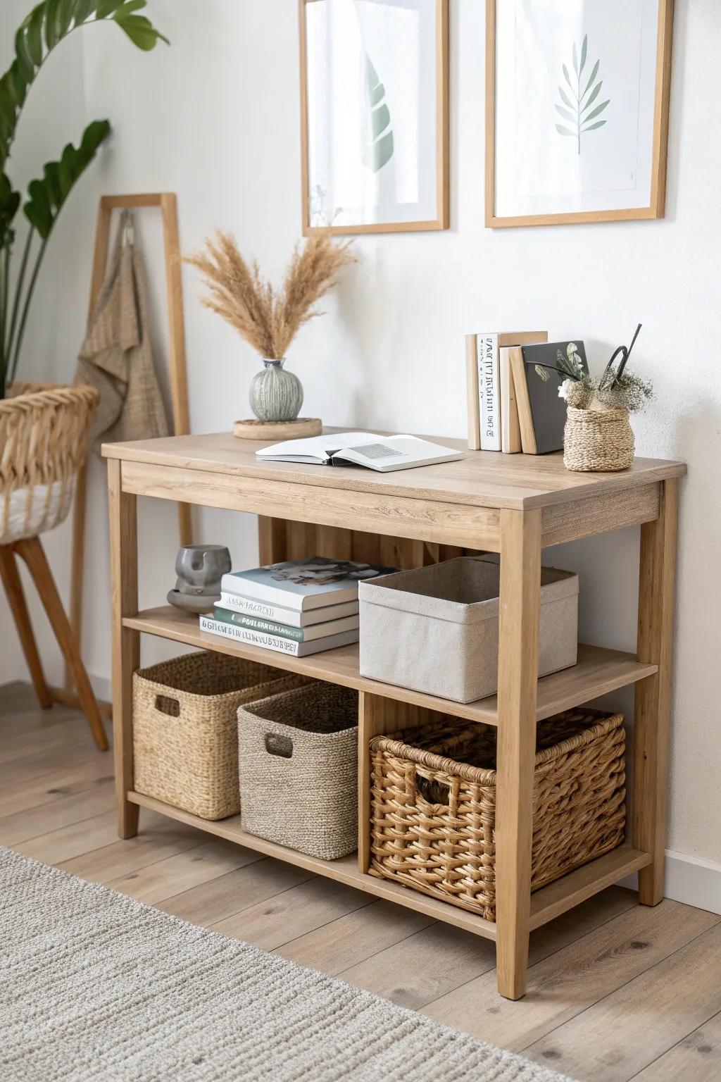 Mini cube unit + woven bins = under-desk storage that looks curated, not cluttered.