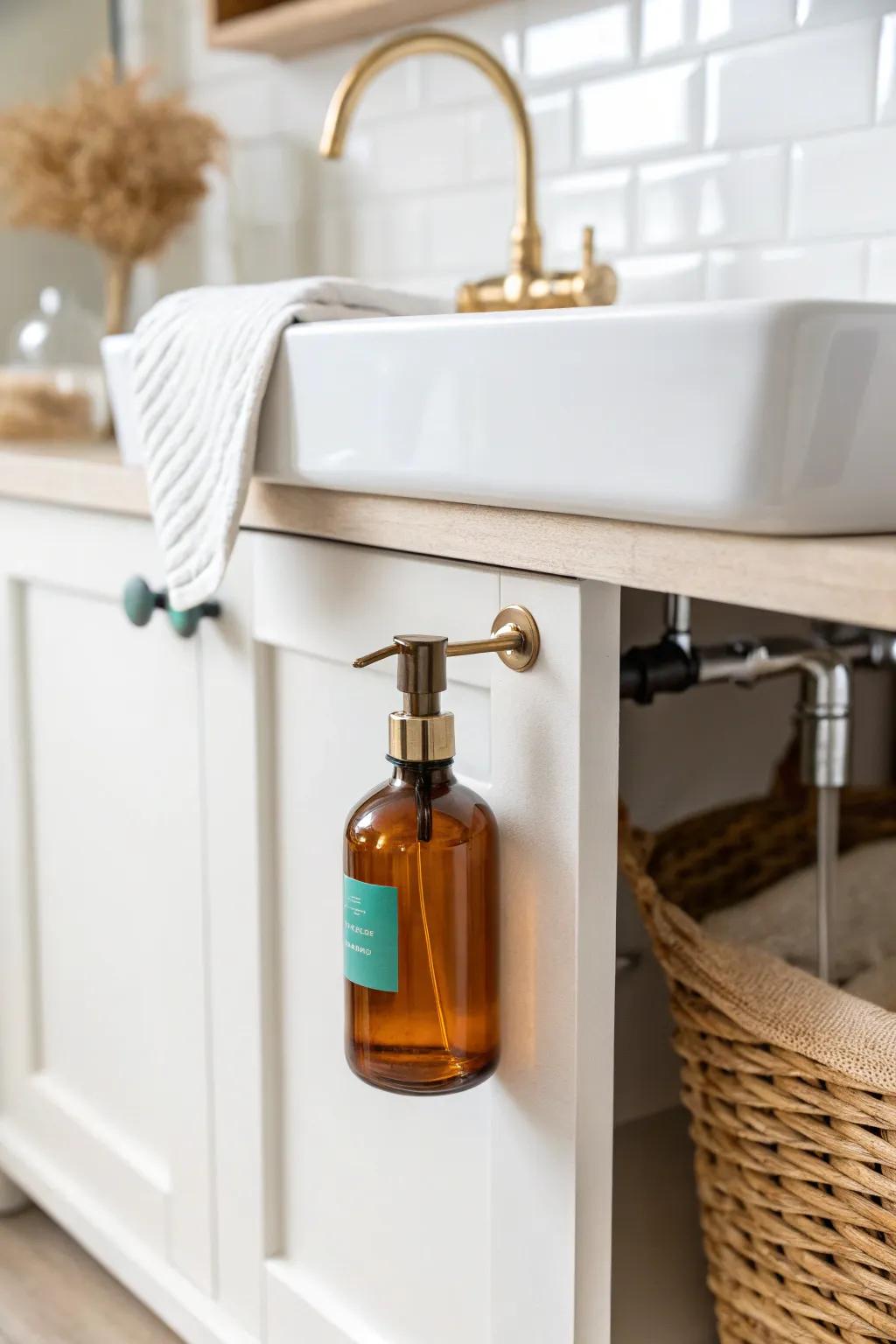 Free cabinet floor space: hang a spray bottle by its trigger on a simple tension rod.
