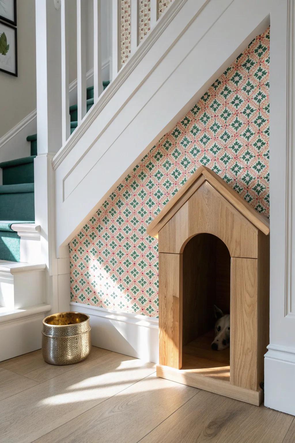 A rental-friendly under-stairs dog nook with a bold peel-and-stick wallpaper surprise.