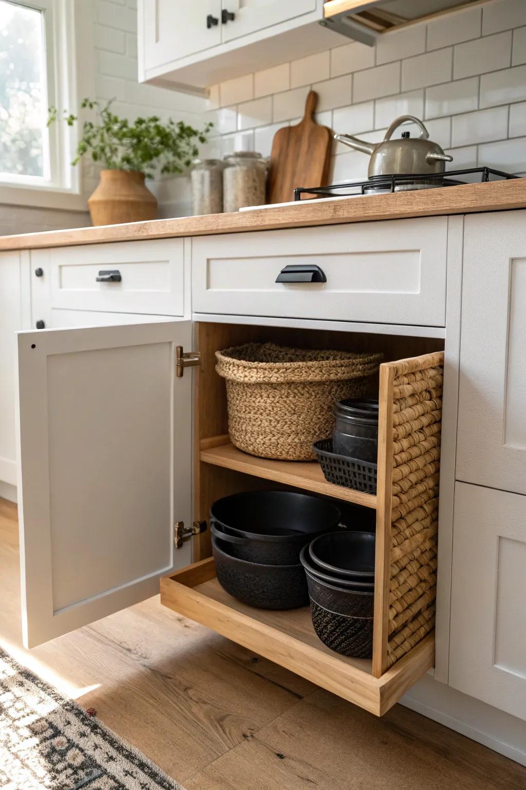 Pull-out shelves bring pots and pantry bins to you—no more digging in deep cabinets.