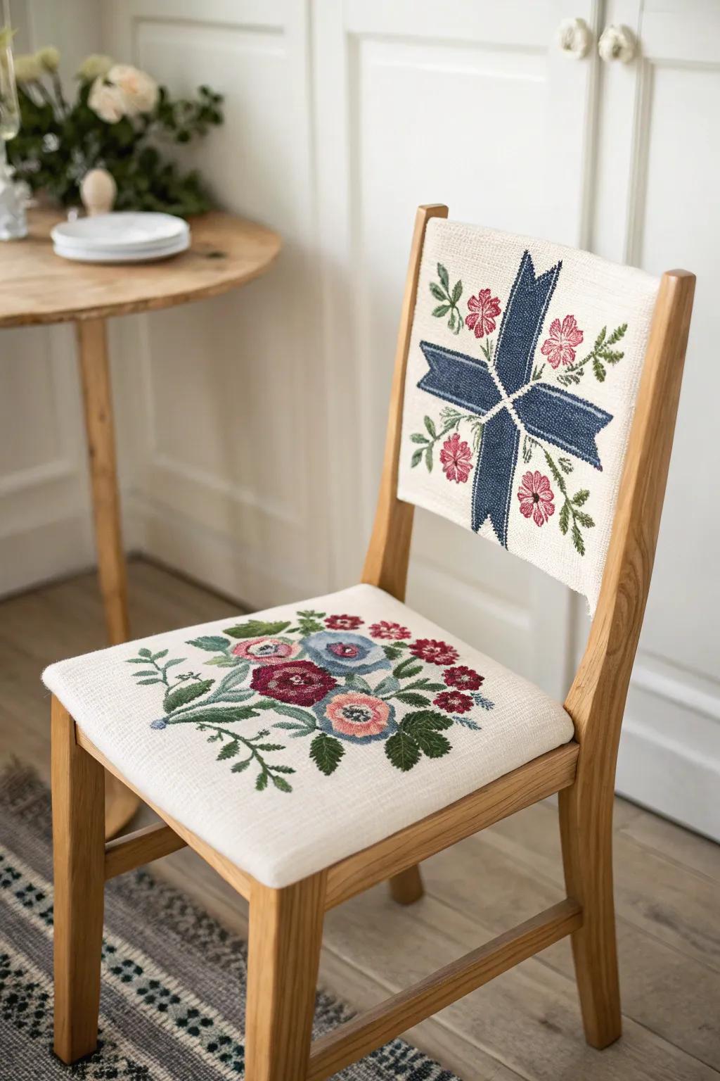 Transform your chair into a work of art with cross-stitch elegance.