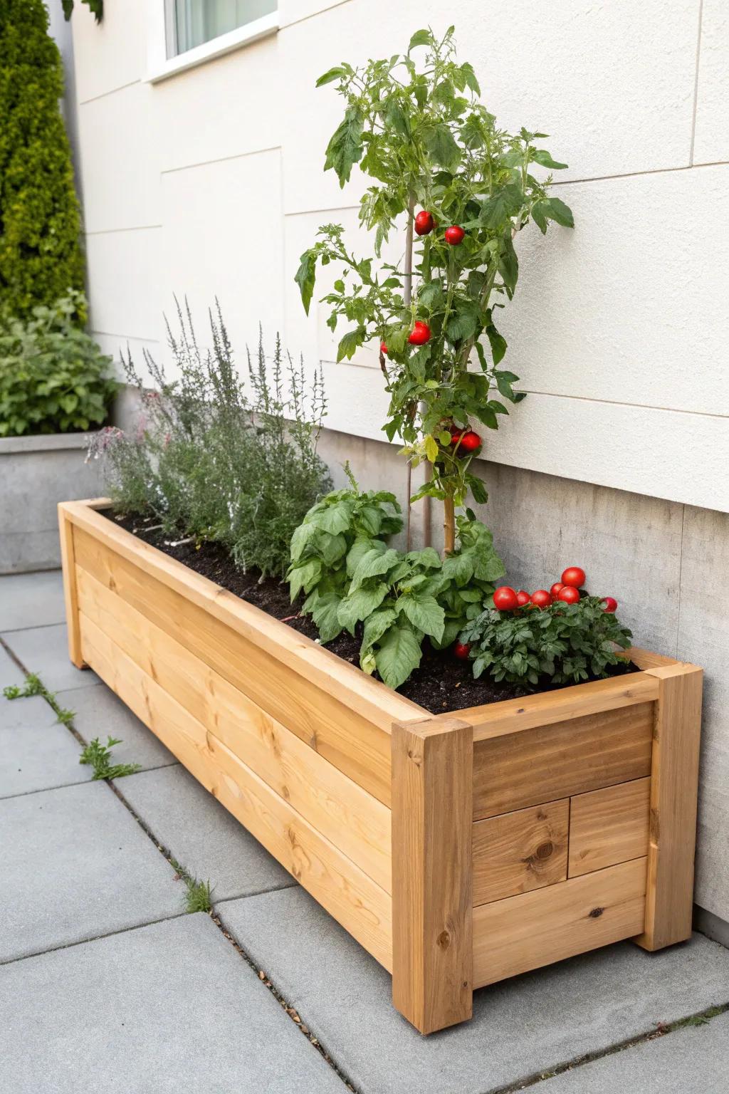 A sleek cedar raised bed turns plain concrete into a lush tomato garden—no yard required.