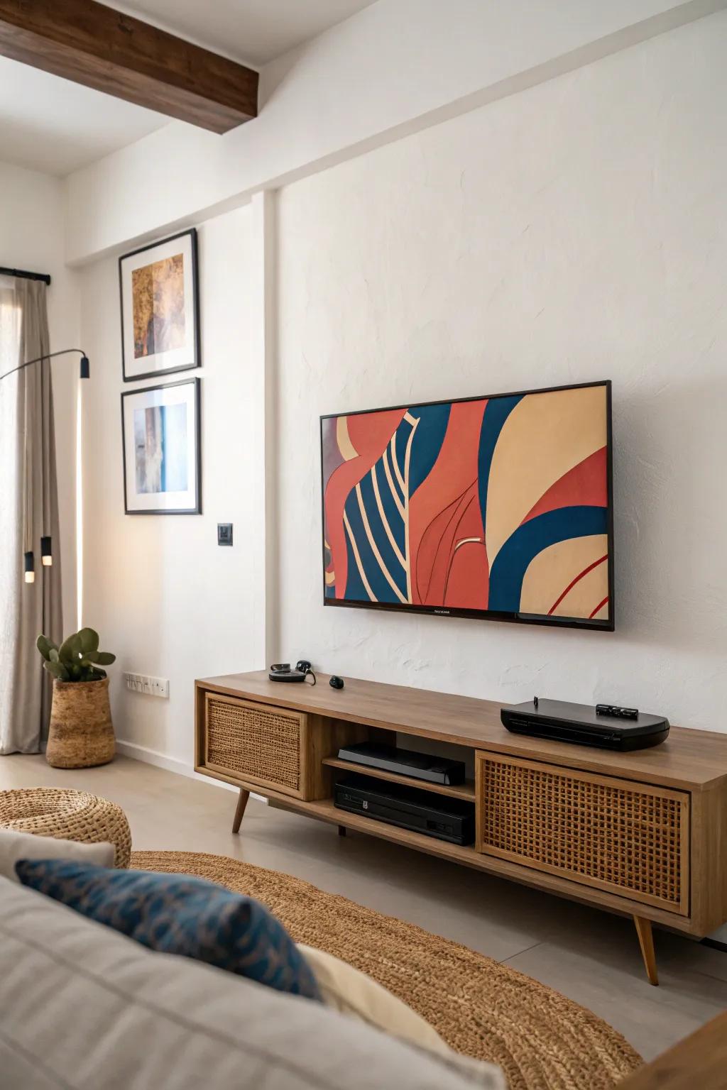 Wall-mount the TV and add a floating shelf to open up floor space in a small urban living room.