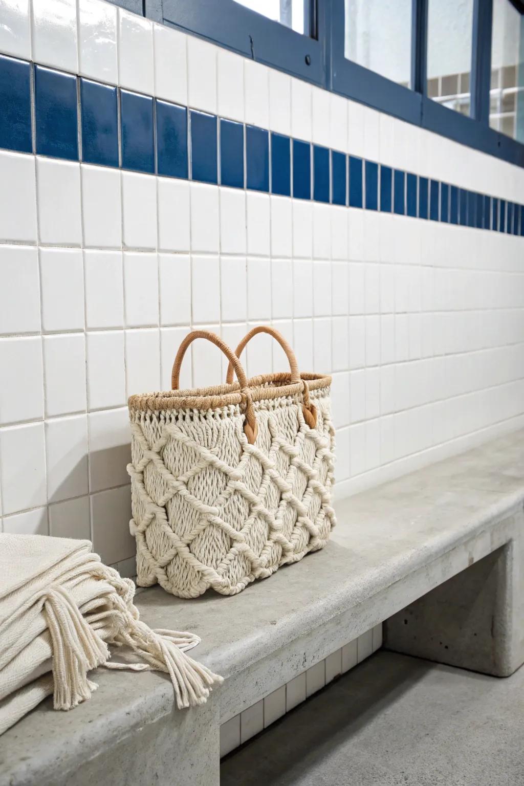Rec-center shower stop, but make it cute—minimal boho tote ready for a swim-and-sauna rinse.