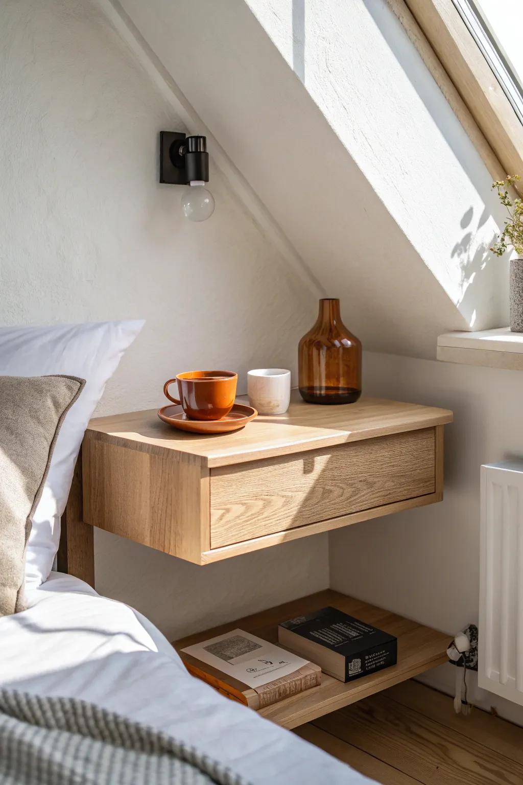 A slim floating shelf ledge replaces a bulky nightstand—perfect for tiny attic bedrooms.