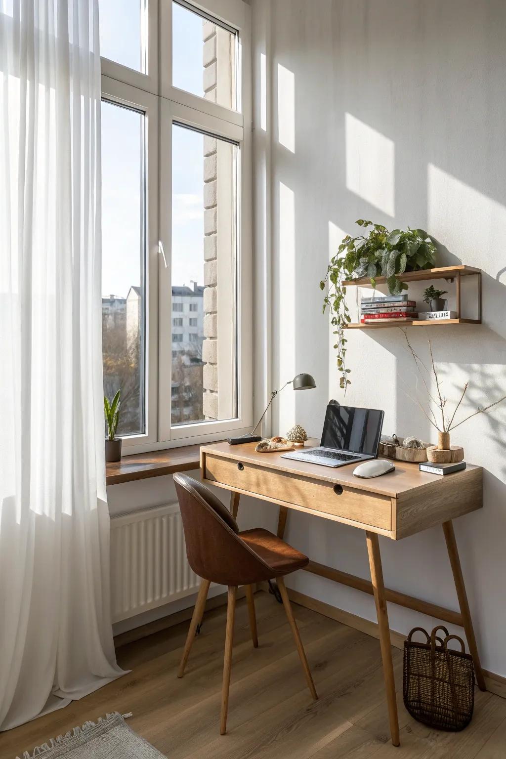 A slim window desk floods your studio with light—workable, airy, and beautifully minimal.