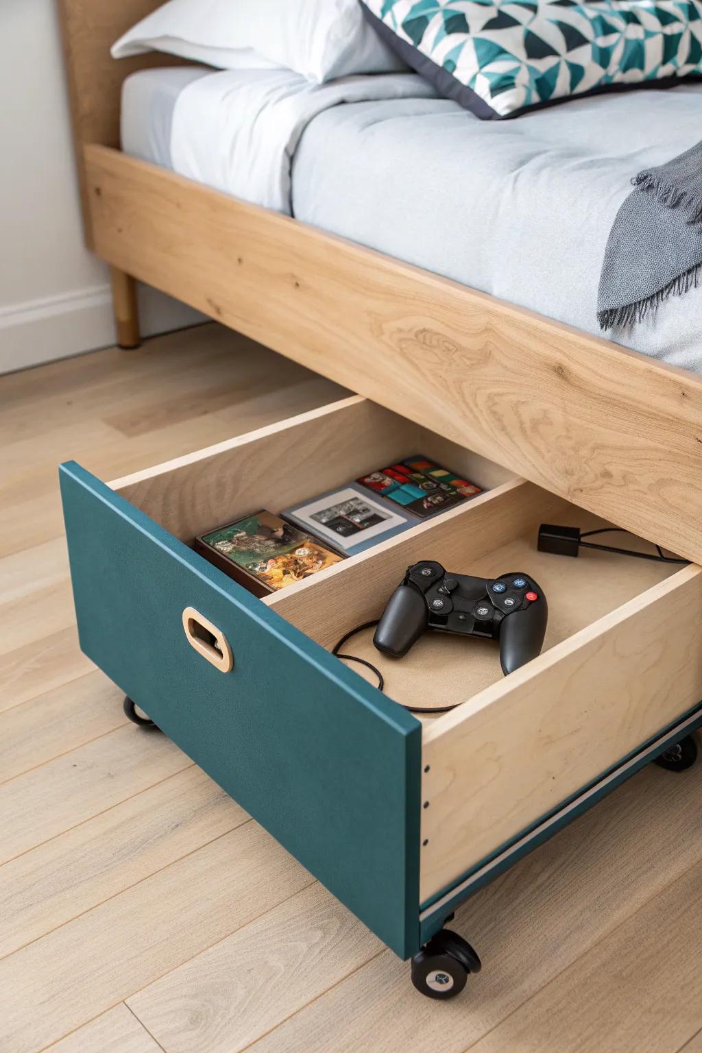 Sleek under-bed rolling bin keeps games & controllers hidden—storage without extra furniture.