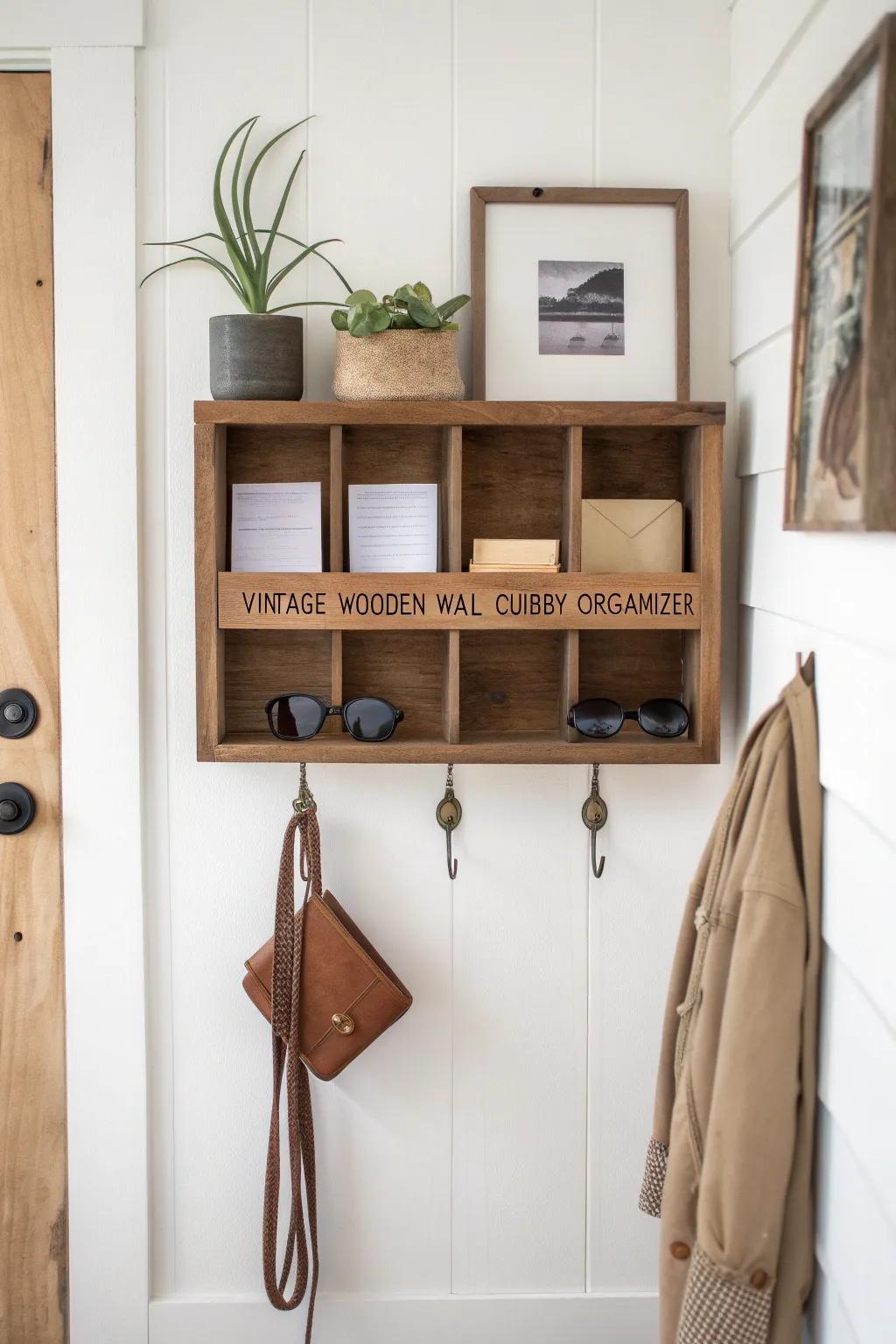 Vintage wall cubbies keep tiny entryways tidy—labels, mail, sunnies, and leash in one spot.