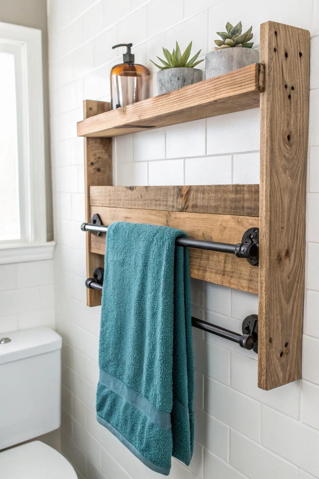 DIY pallet bathroom shelf with towel bar: compact storage that looks luxe in tiny spaces.