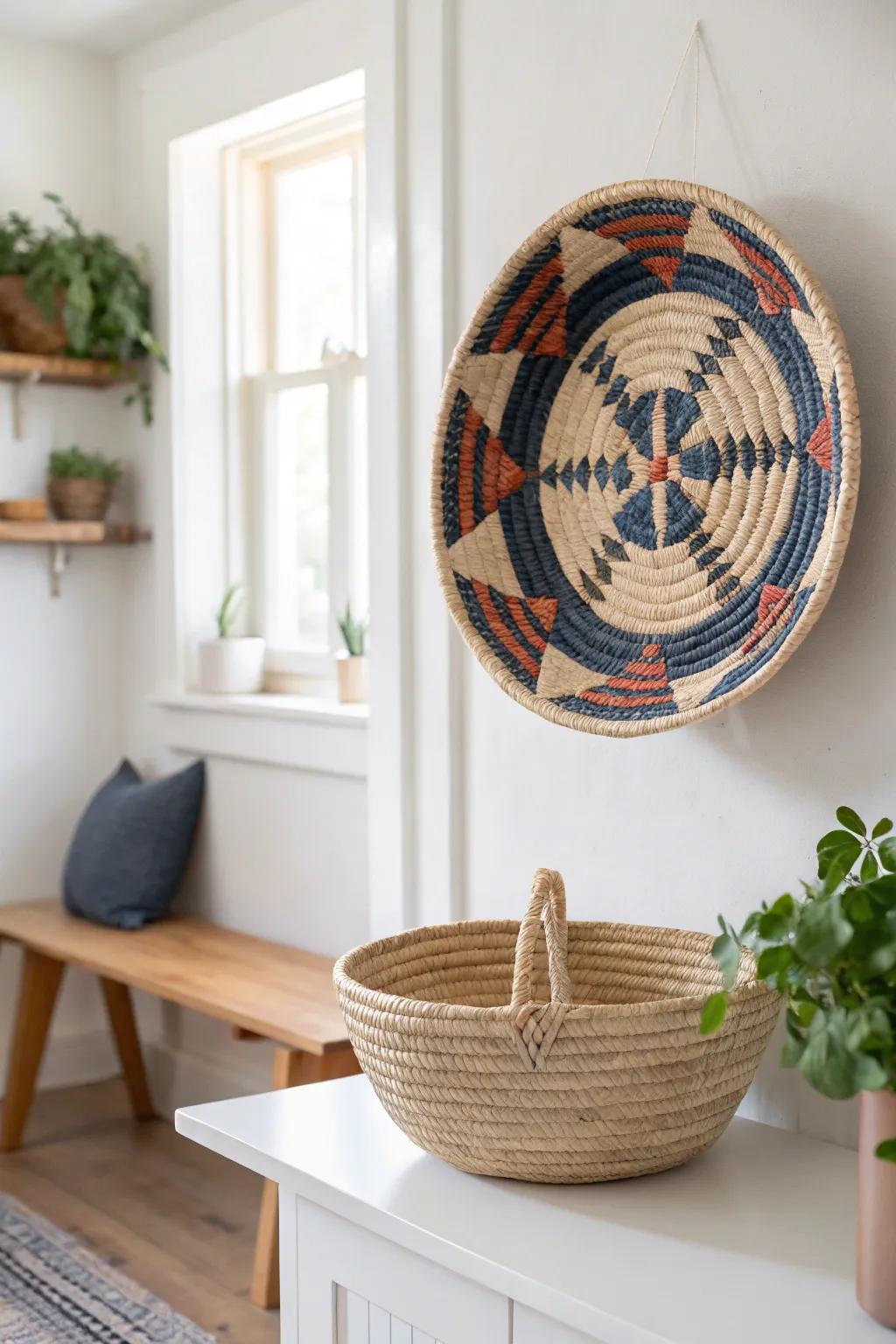 Make your tiny dining nook feel taller with a bold woven basket statement on the wall.