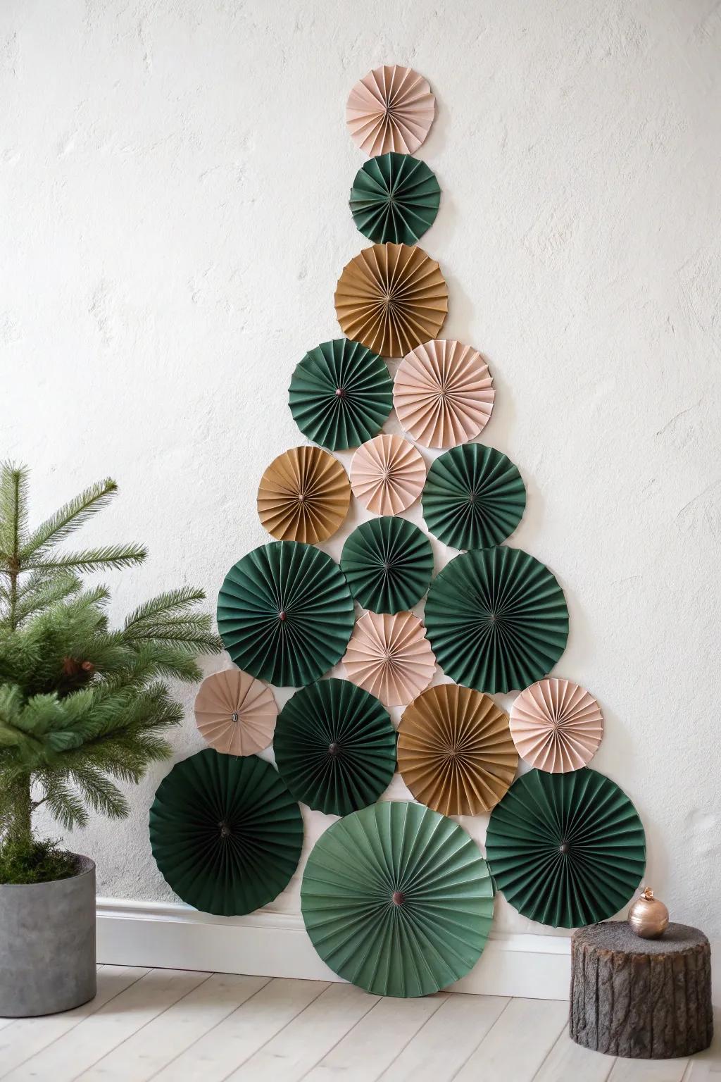 Flat paper-fan wall tree: bold colors, zero floor space, and a beautifully handmade look.