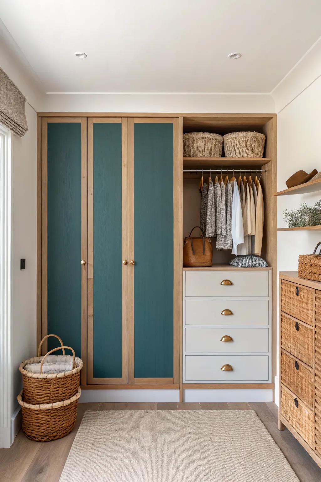 Calm, symmetrical wall closet: center drawers with hanging rails on both sides—perfect for small rooms.