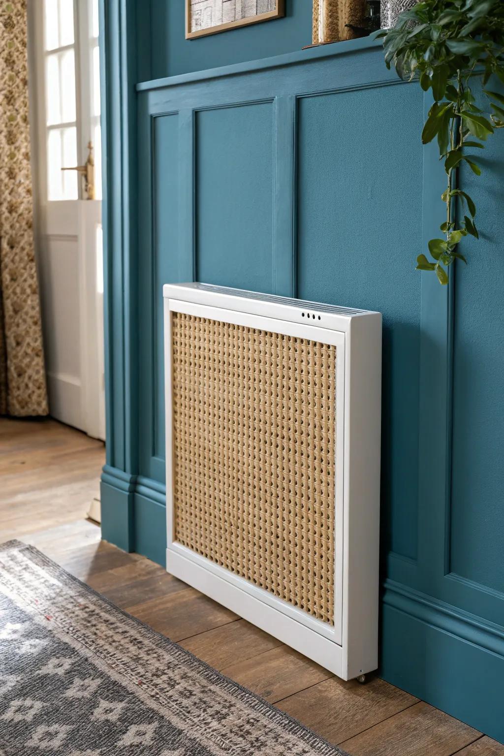 Add airy texture with a cane-front heater cover—minimal, boho, and perfect for tiny rooms.