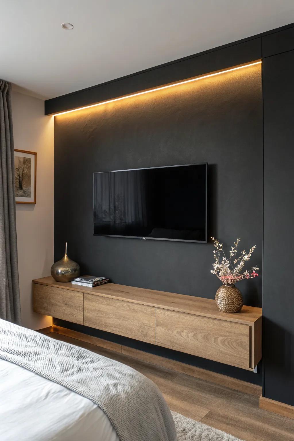 Dark, moody accent wall makes a wall-mounted TV disappear—instant cozy cinema vibe.