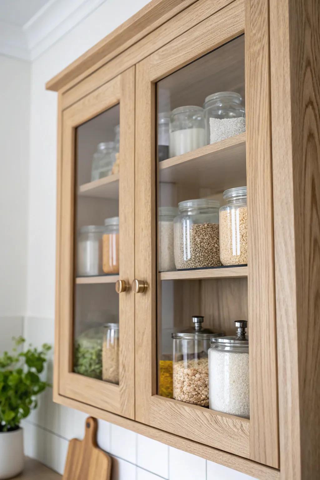 Glass-front pantry uppers keep small kitchens airy—style them with matching jars for calm order.