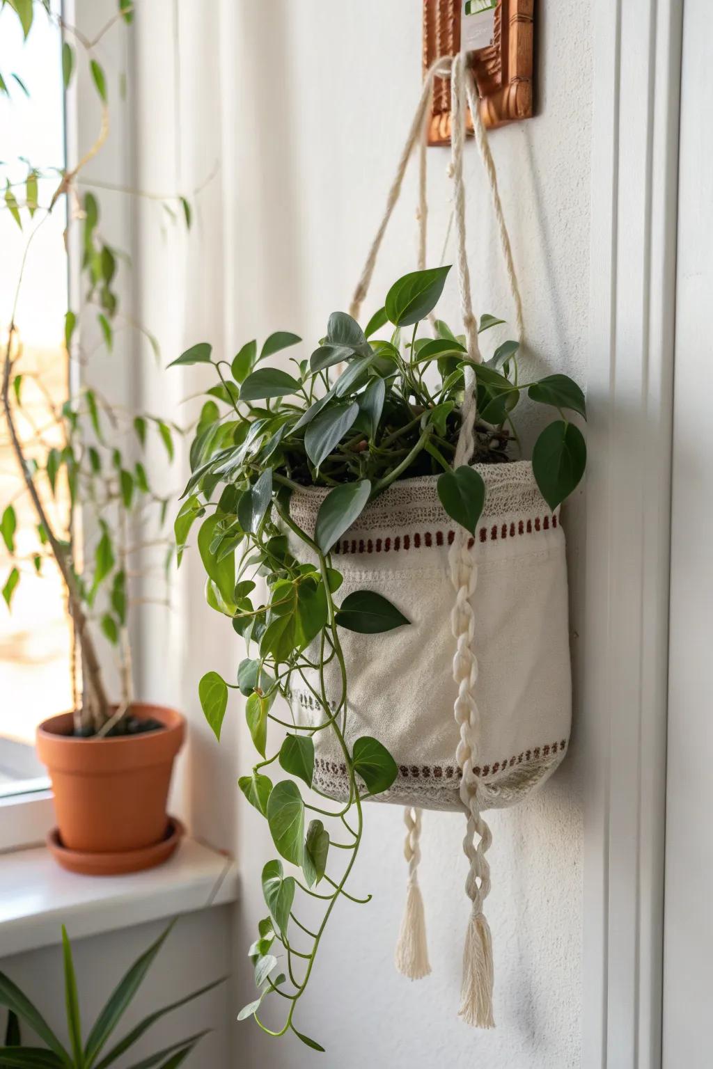 A linen wall pocket overflowing with trailing greens—instant living wall, perfect for small spaces.