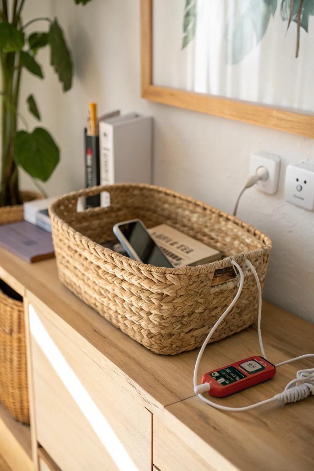 Woven basket “drawer” on a wall shelf—pretty storage that hides cords and clutter.