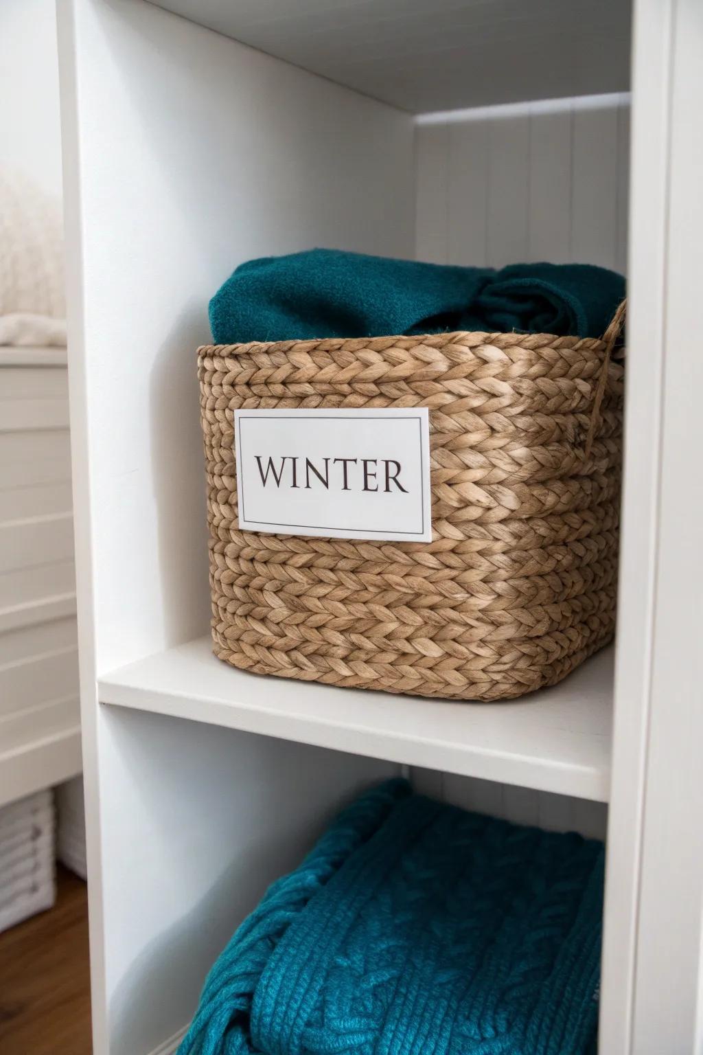 Top-shelf labeled bin for off-season gear—minimal, pretty, and keeps daily shelves clutter-free.