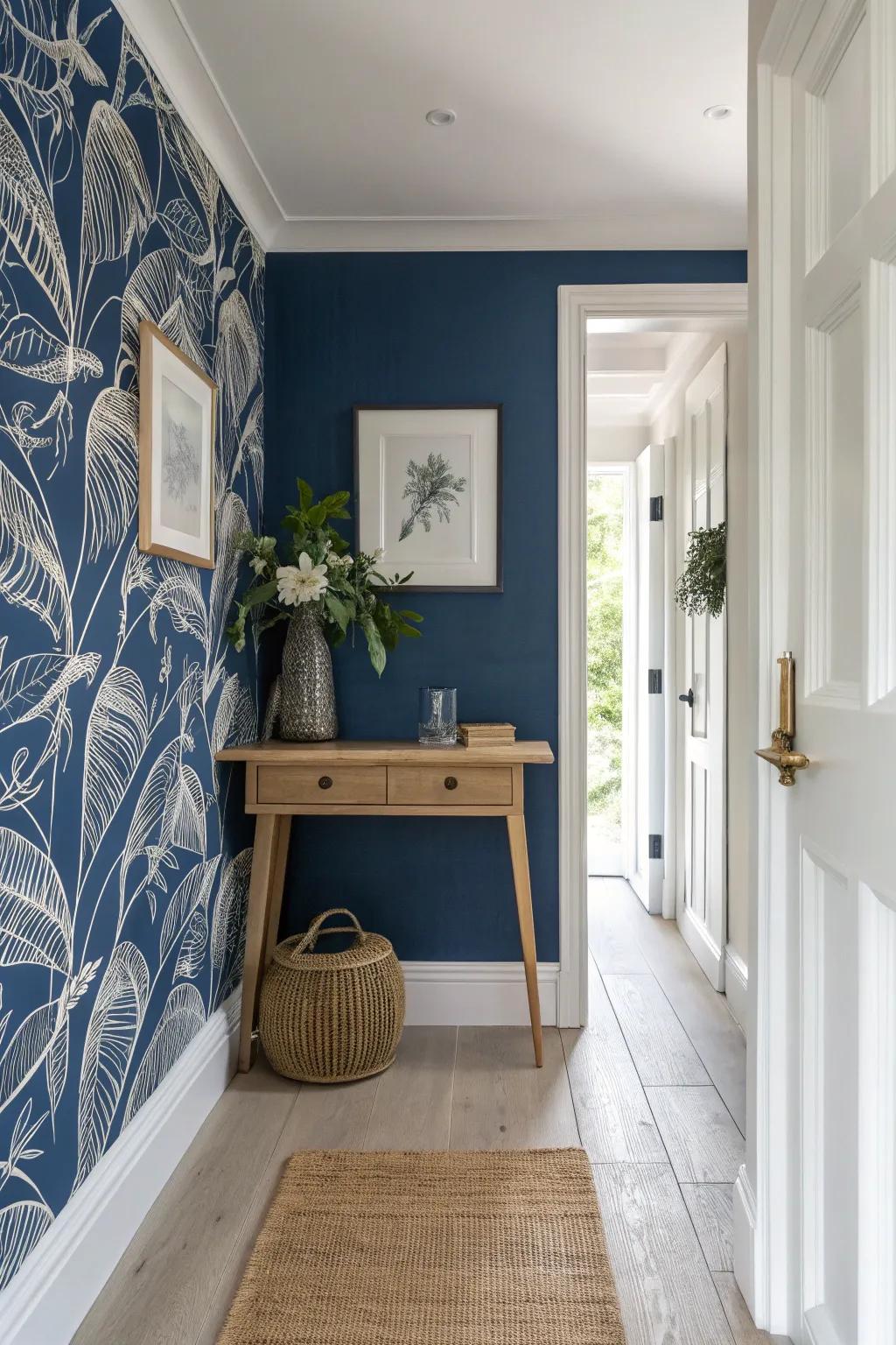 A slim console against a bold accent wallpaper wall—hallway drama without the clutter.