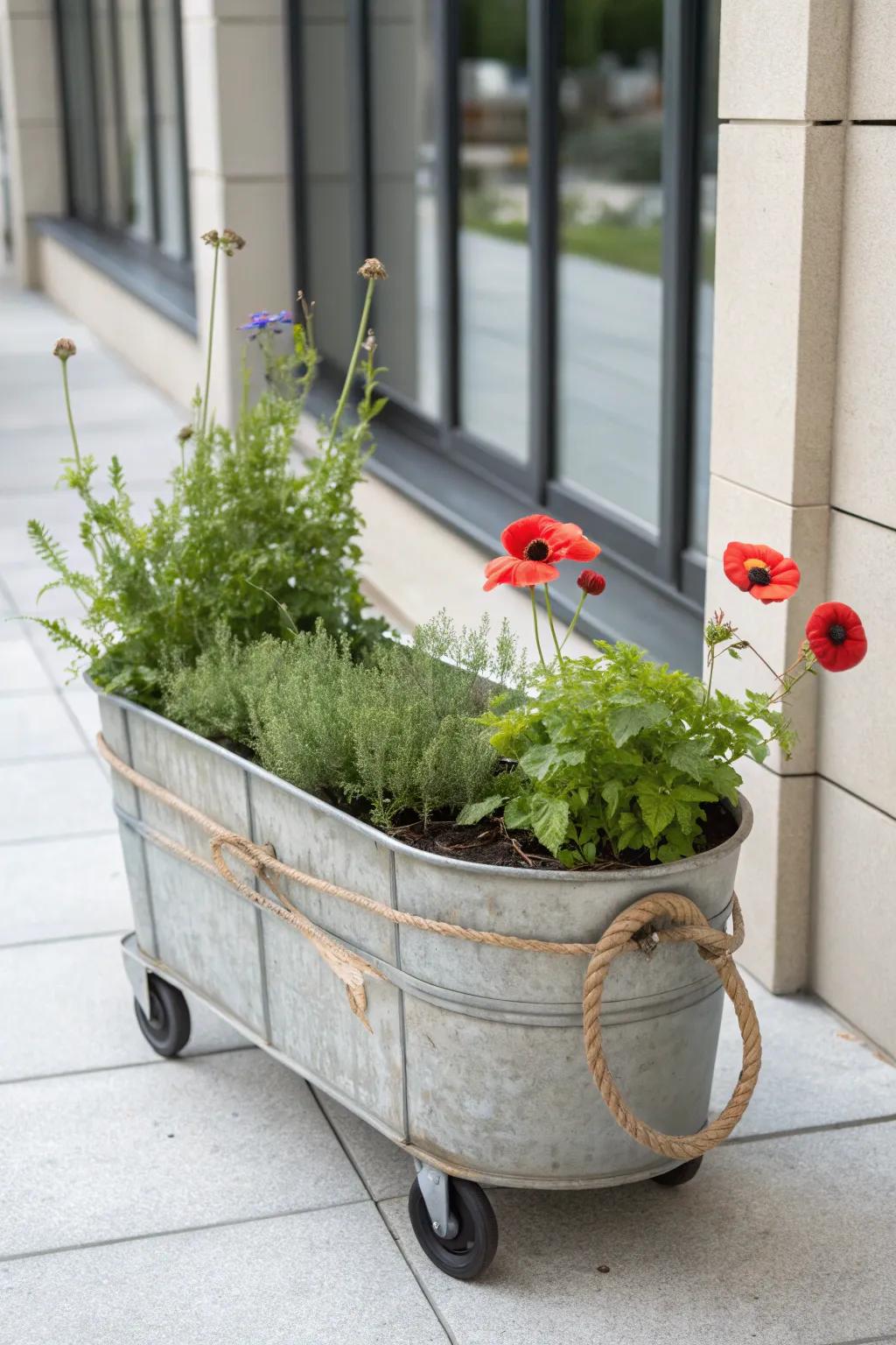 Roll this chic trough planter to follow the sun—perfect for tiny patios and big blooms.