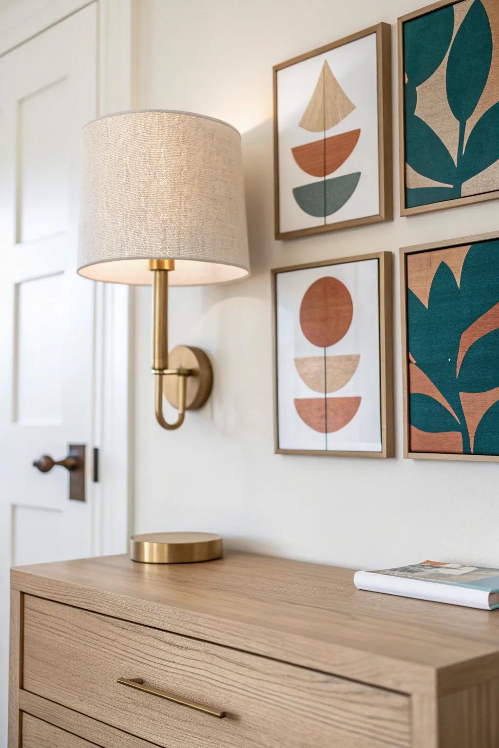 Asymmetry above the dresser: one warm sconce + a vertical art stack for a softer look.