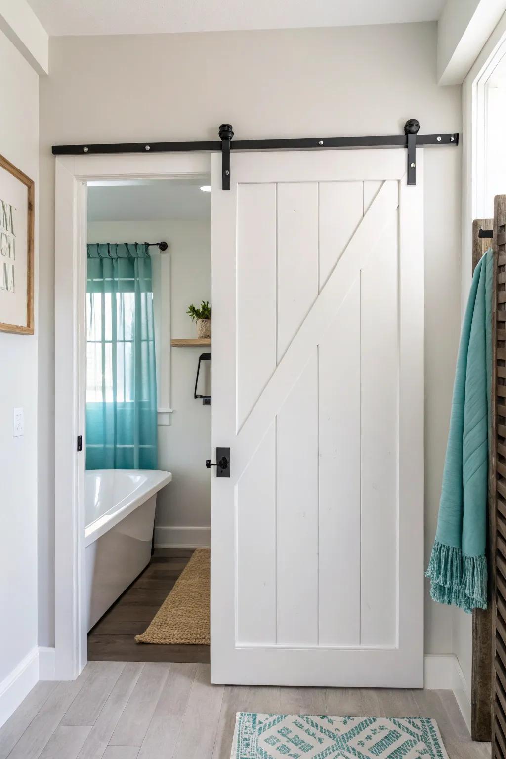 Spa-calm and space-saving: a crisp white barn door with matte black hardware for the bathroom.