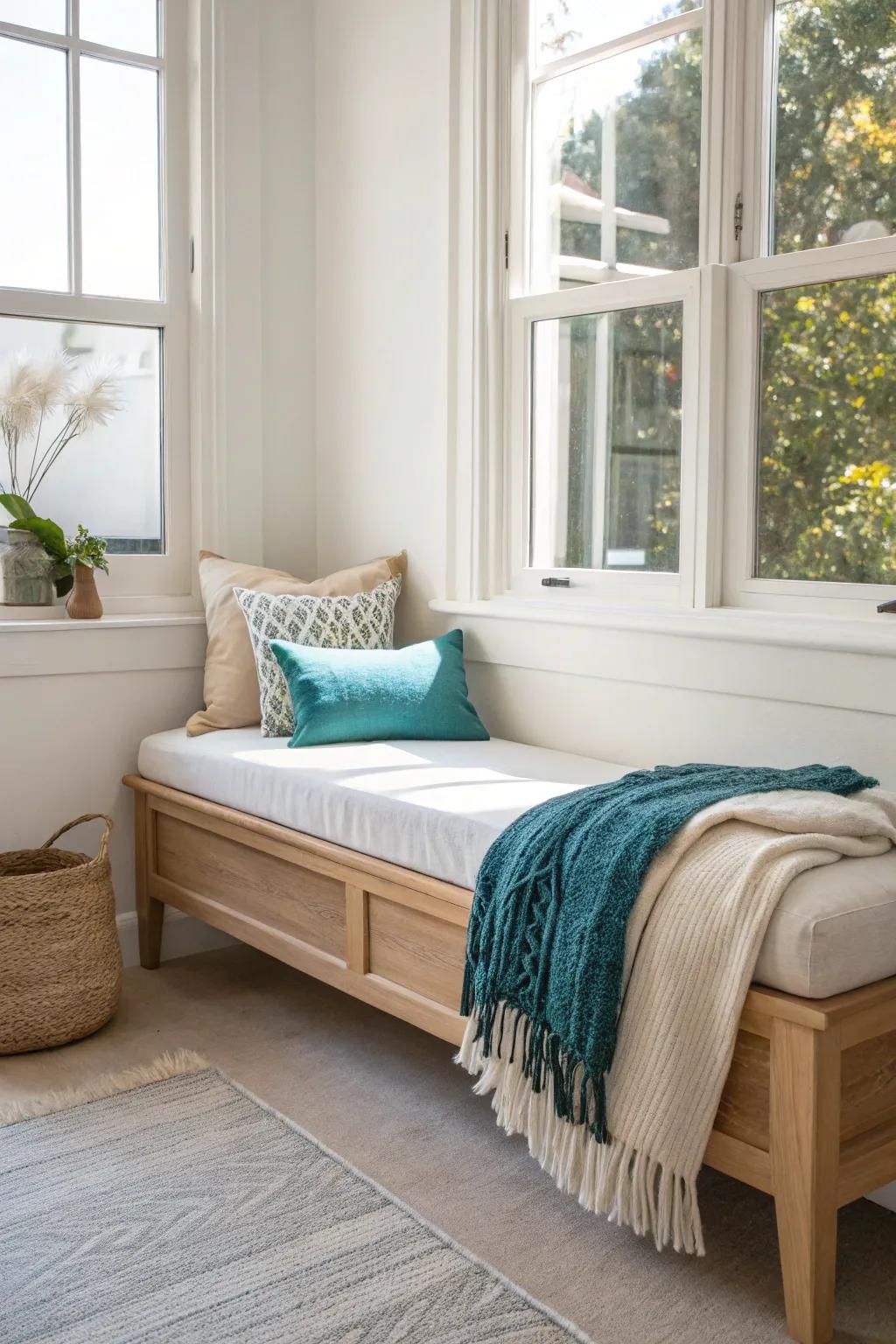 A deep window bench daybed turns a tiny bedroom nook into a sunlit reading retreat.
