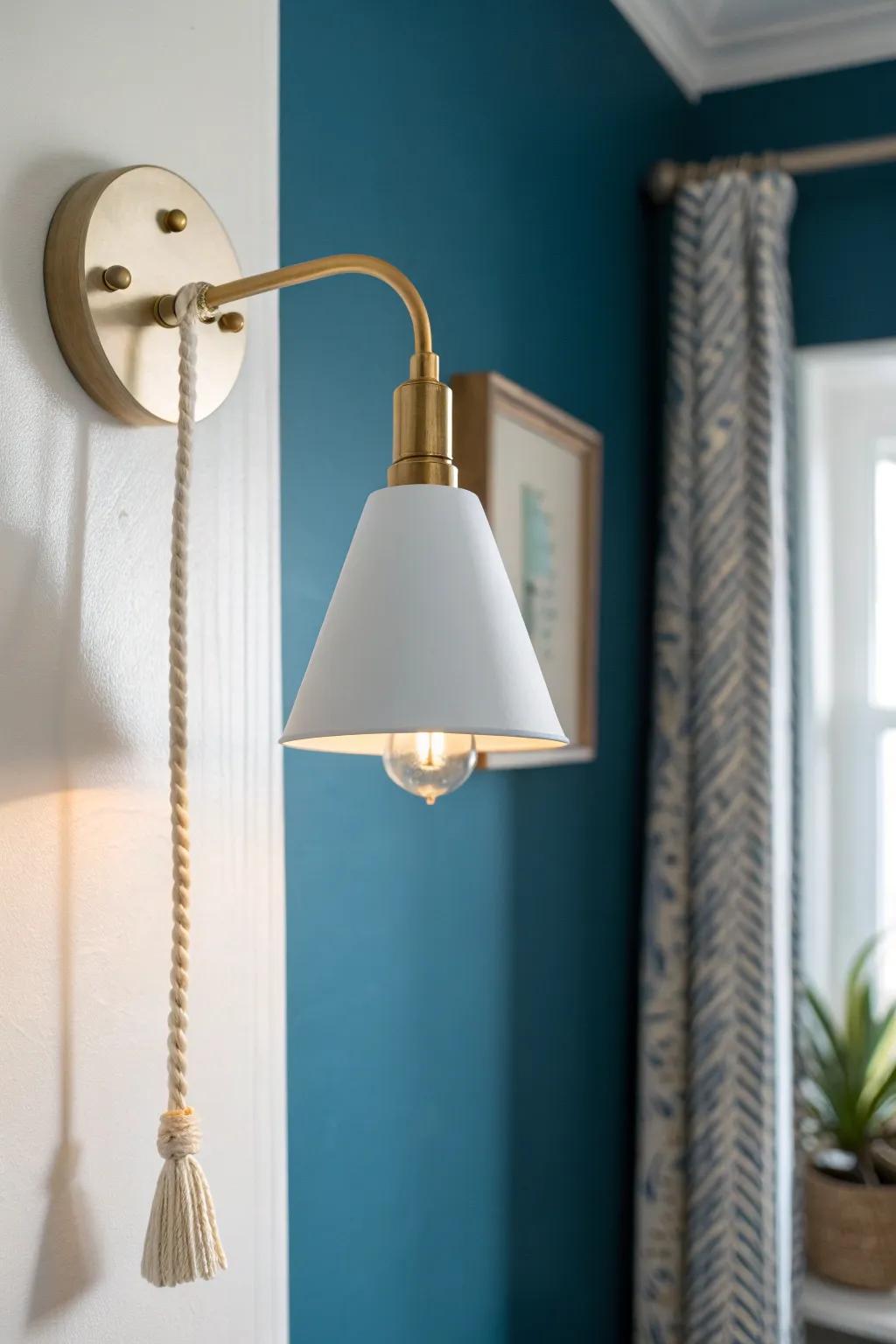 Plug-in sconce at eye level: rental-friendly glow that brightens a windowless office.
