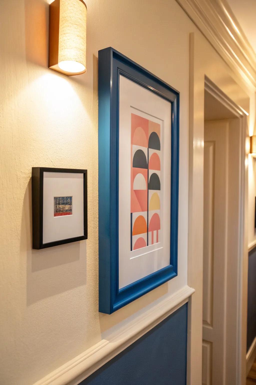 A bright frame + light mat makes a windowless nook feel intentional—like a mini gallery moment.