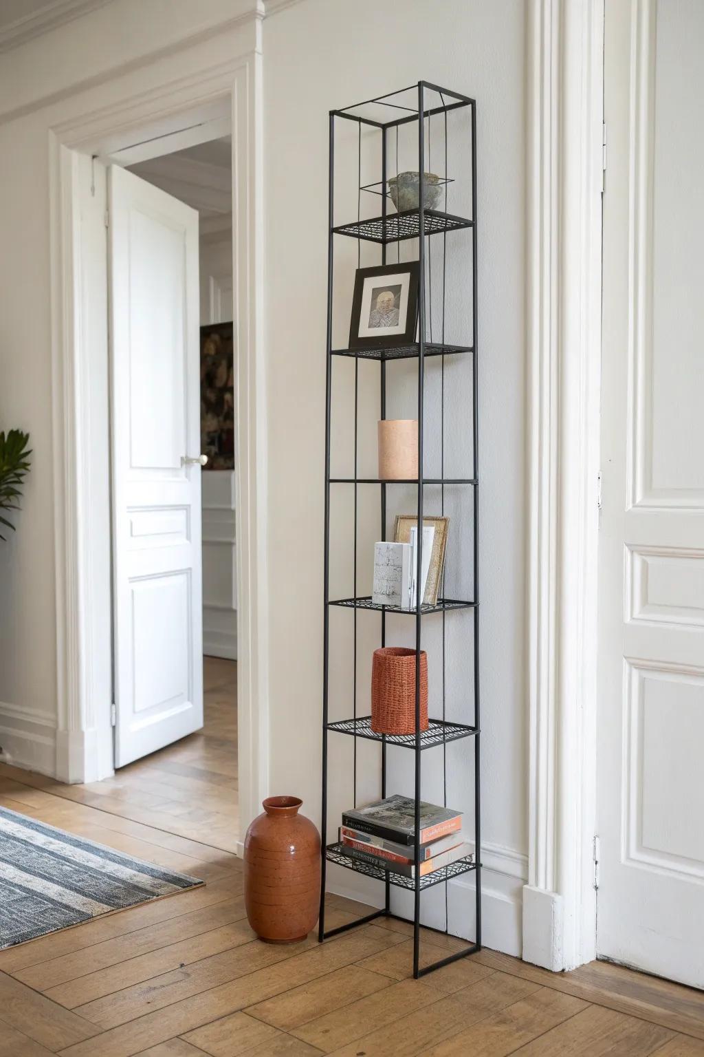 A slim wire shelf turns a tight hallway into a mini library wall—stylish, airy, and bold.