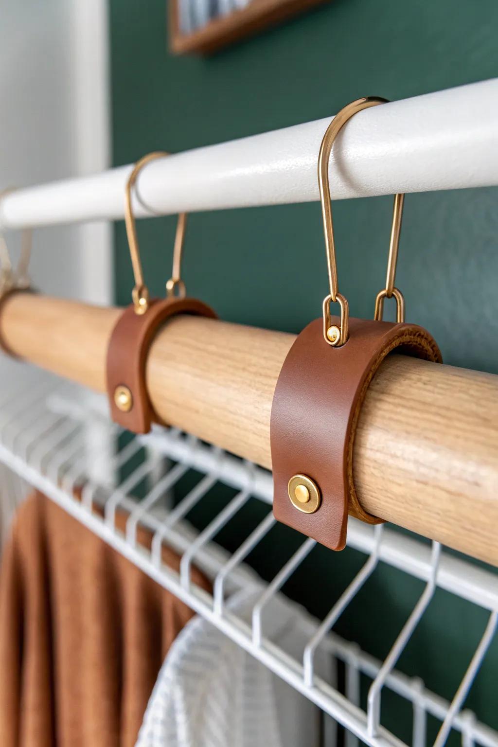 Swap the grabby wire rod for a smooth oak dowel—hangers glide and it looks instantly elevated.