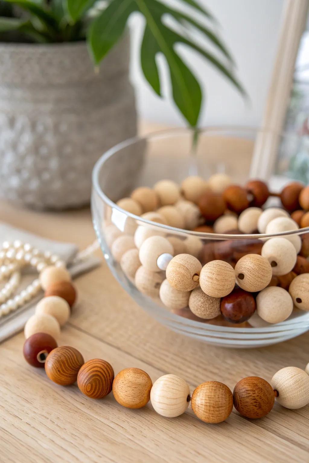 Effortless elegance: A wood bead garland transforms a simple glass bowl into a warm, sophisticated centerpiece.