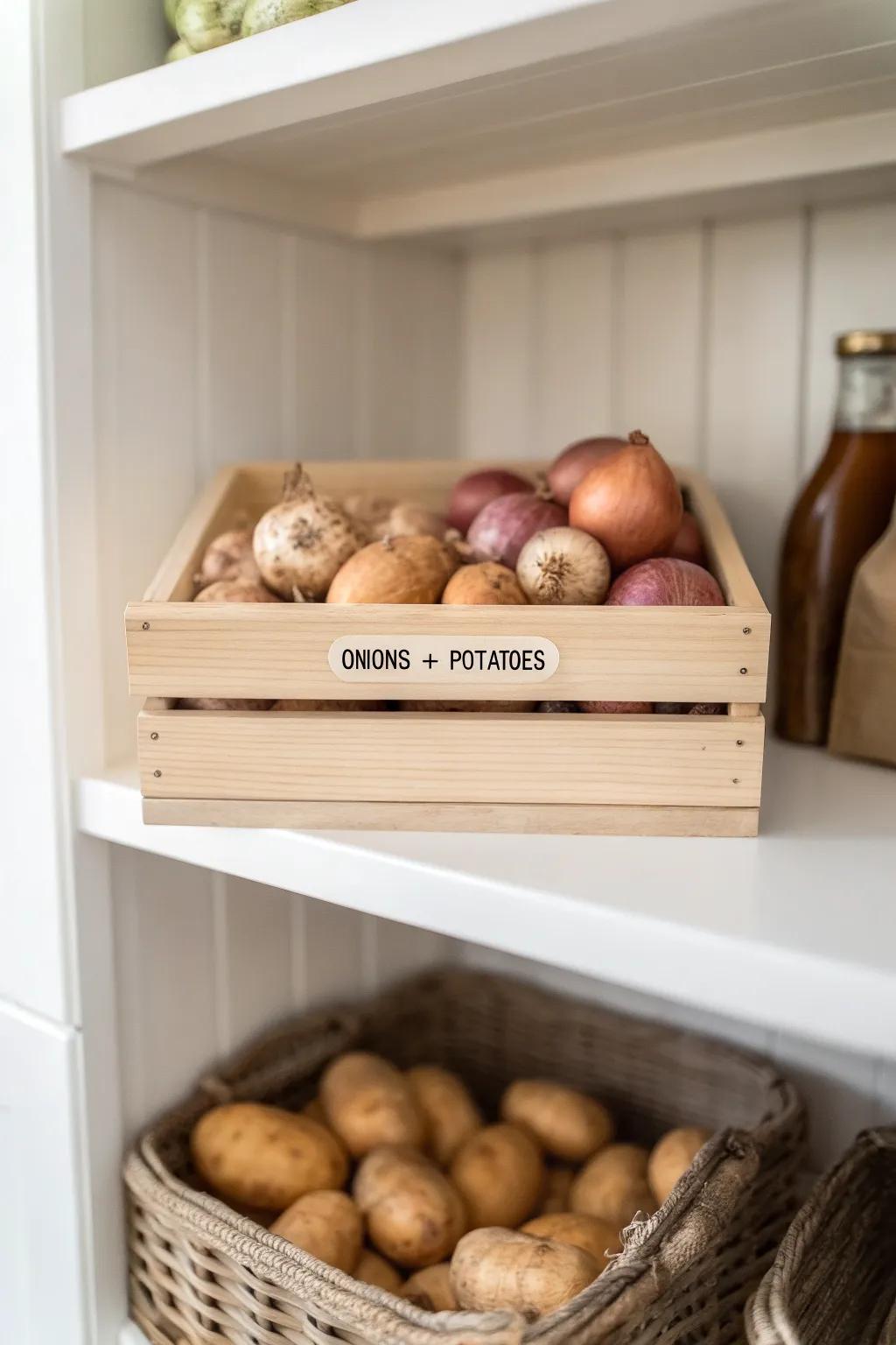 Pantry produce made effortless: a labeled wood crate keeps onions and potatoes easy to spot.