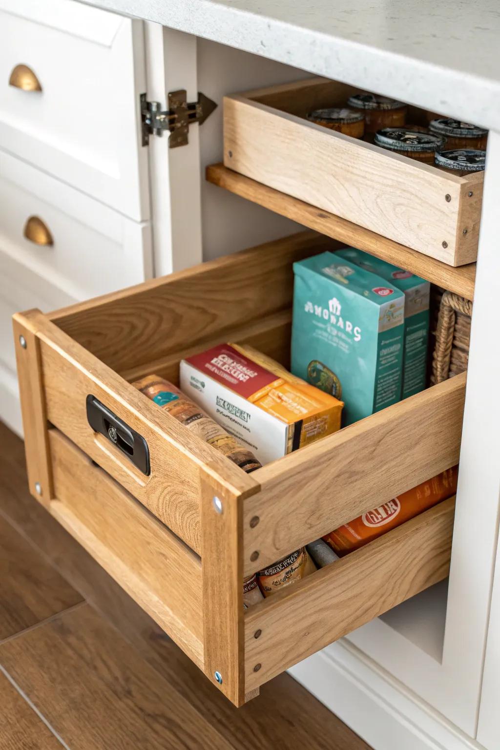 Pull‑out wooden crate pantry bin: restock snacks fast while keeping tiny shelves beautifully tidy.