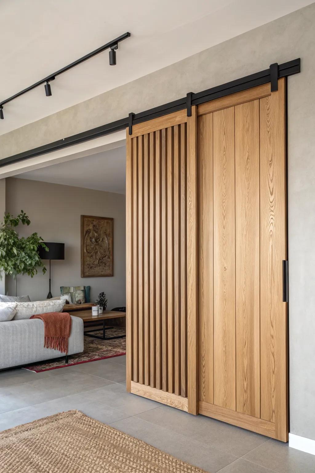Sleek oak sliding panel partition—open your space for guests, close it for calm focus.