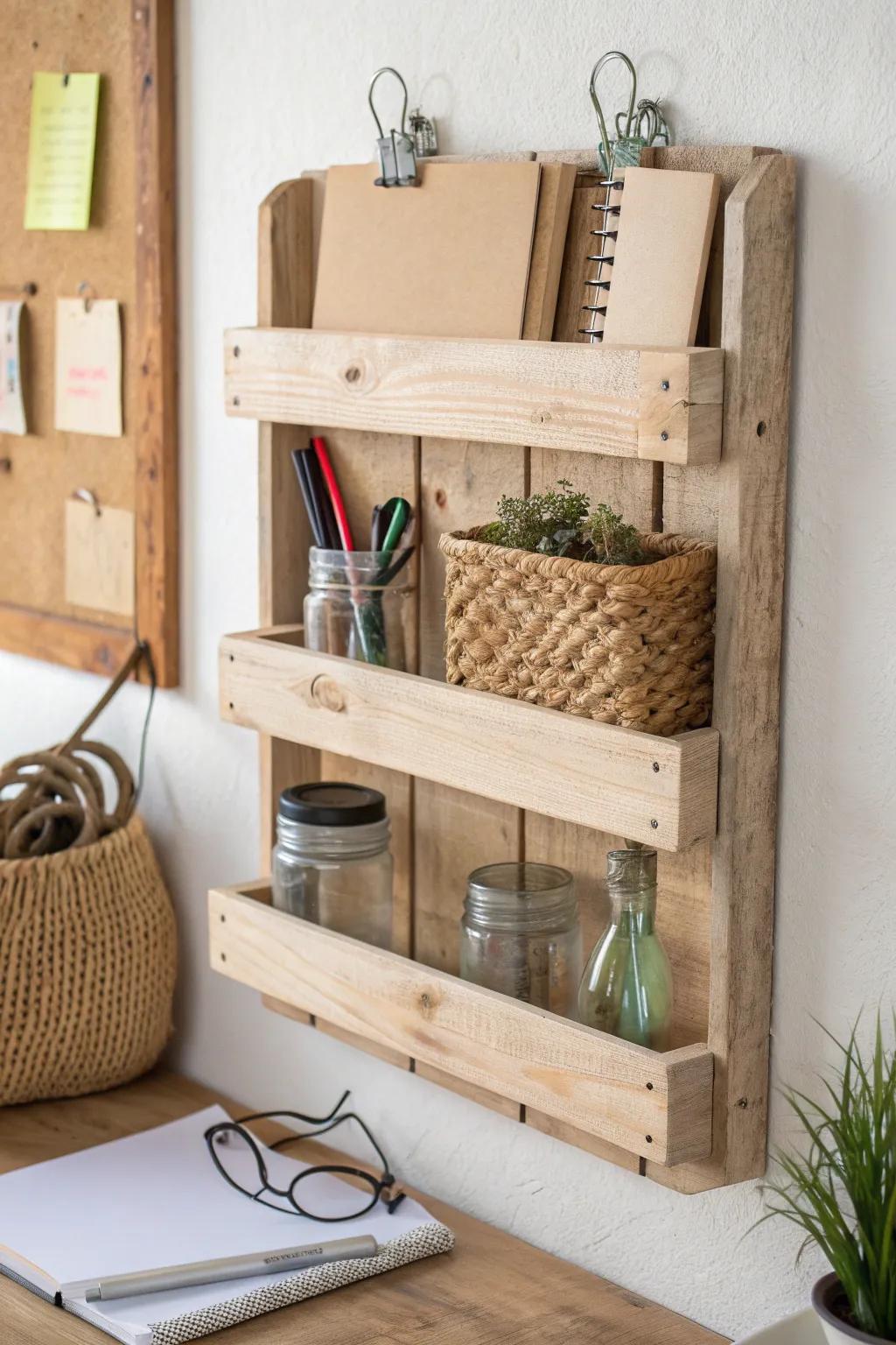 DIY pallet wall organizer: chic vertical storage for notebooks, mail, and tidy cords.